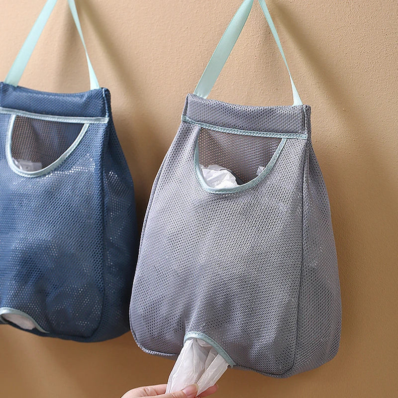 sac poubelle suspendu polyestère réutilisable bleu marine gris noir maille fine moderne crochets muraux