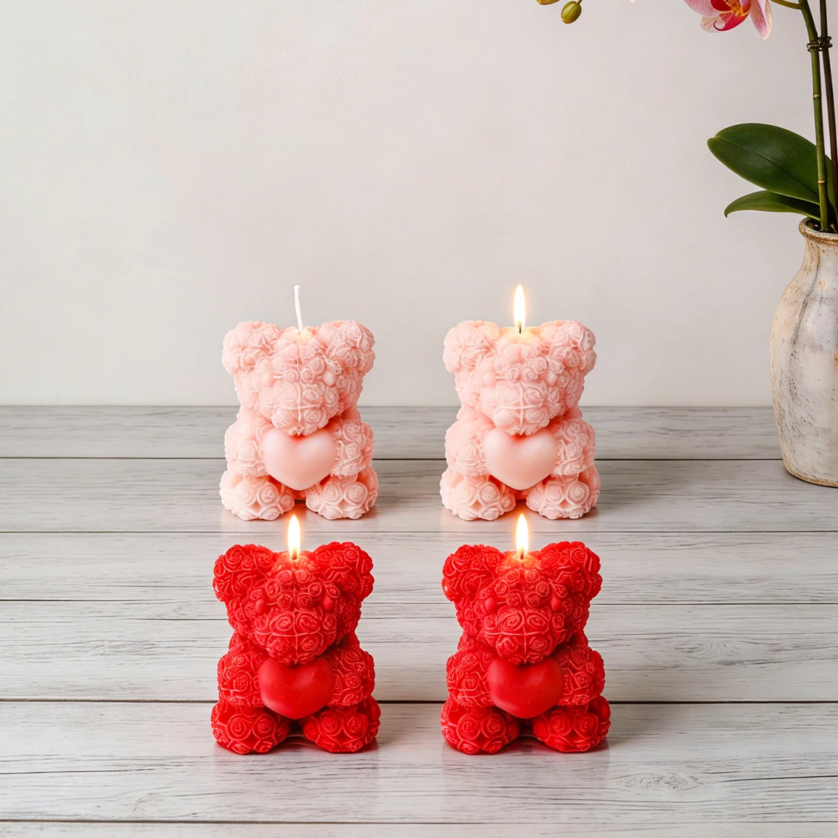 bougies parfumées forme nounours parfum rose couleur violet rouge blanc aromathérapie