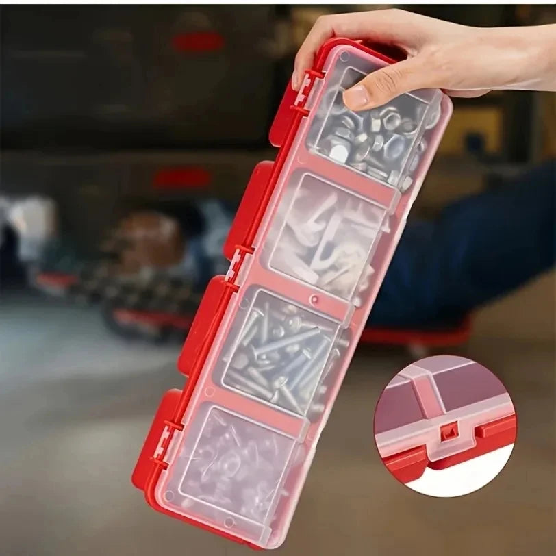 boîte rangement outils rouge transparente compartiments pratique compact vis écrous atelier maison