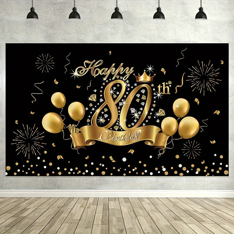 Détail de la bannière anniversaire noir doré avec motifs imprimés élégants