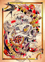 sticker autocollant tatouage vintage motifs traditionnels fleurs animaux symboles rouge noir beige blanc bleu