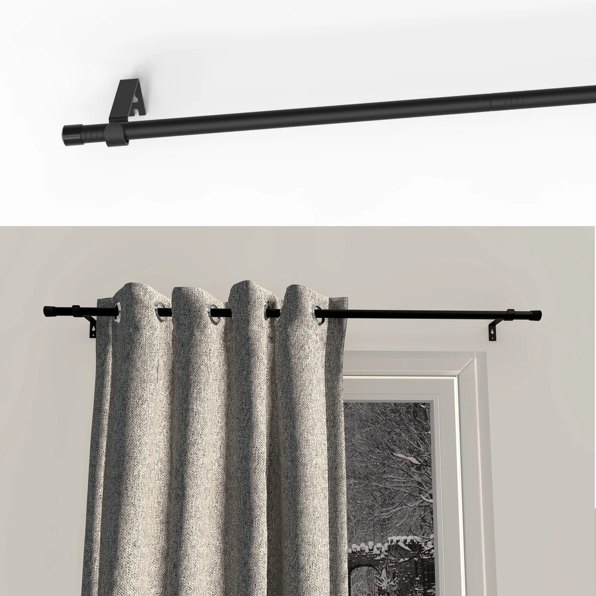 tringle rideaux extensible moderne anneaux métalliques rideaux plissés supports muraux noirs gris opaques minimaliste