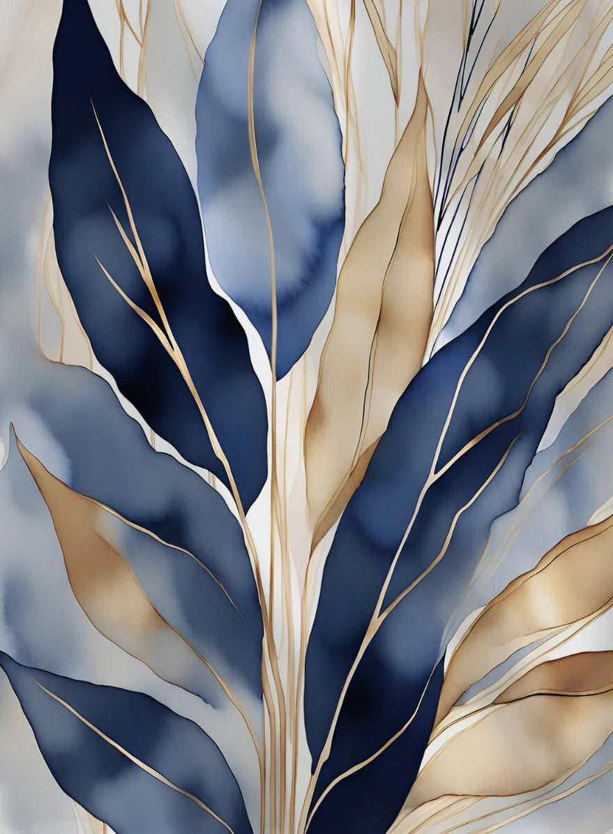 tableau moderne abstrait bleu marine feuilles stylisées toile doré décoration intérieure unique impression murale