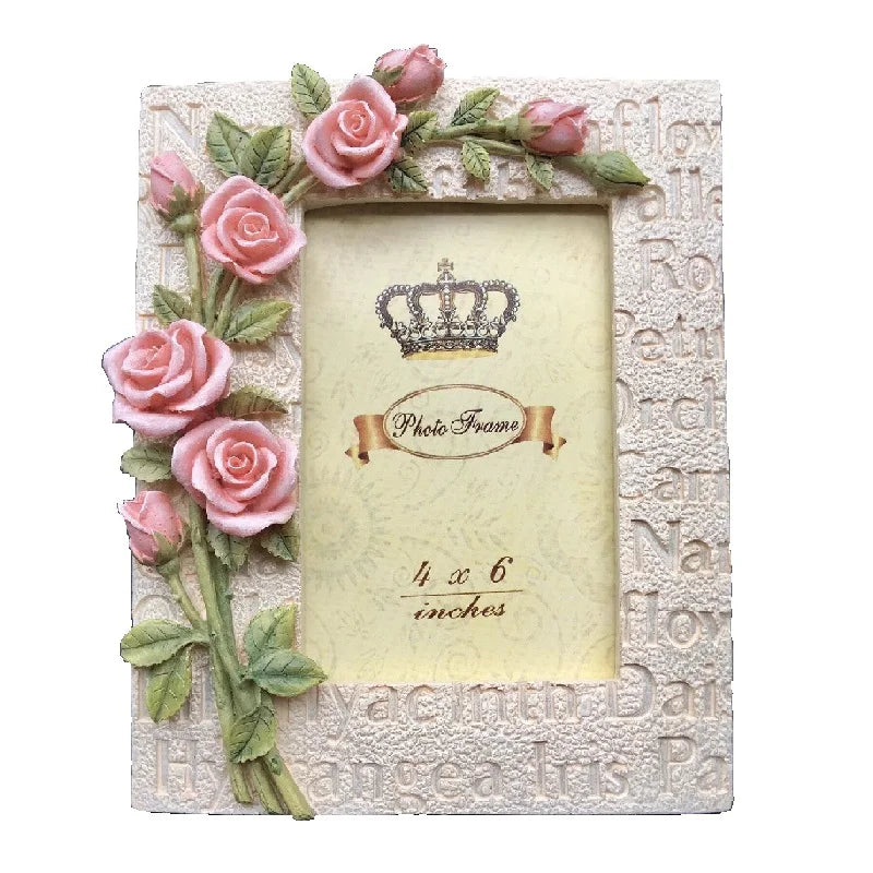 cadre photo résine rose relief fleurs beige vert vintage romantique texte gravé décoration maison