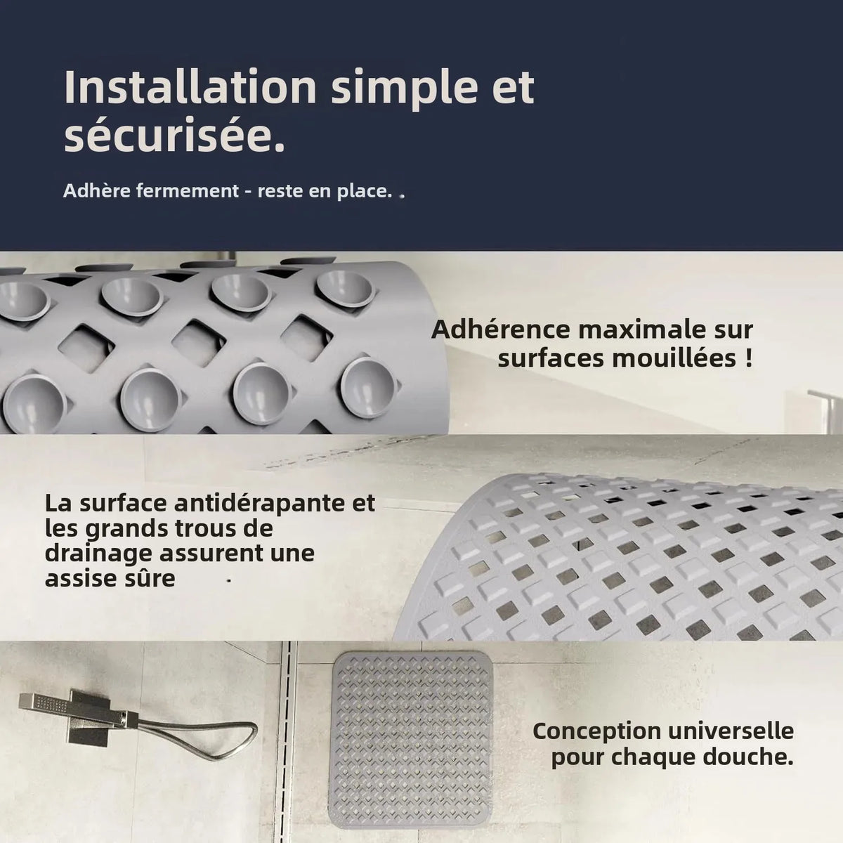 tapis douche antidérapant moderne gris perfo alvéoles adhésifs drainage salle bain