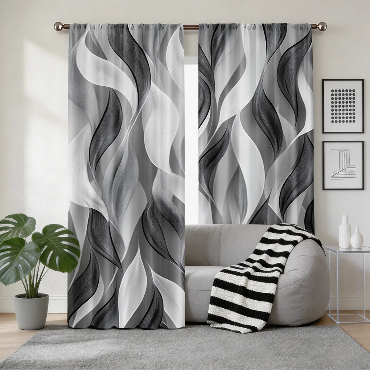 rideaux abstraits modernes gris blanc noir panneaux polyester inclusion accessoires tringle