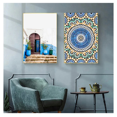 Toile marocaine porte bleue mosquée décoration murale