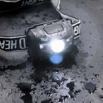 lampe frontale led noire texturée pratique robuste ceinture ajustable batterie aaa cordons sécurité camping