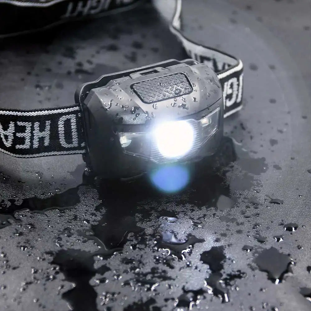 lampe frontale led noire texturée pratique robuste ceinture ajustable batterie aaa cordons sécurité camping
