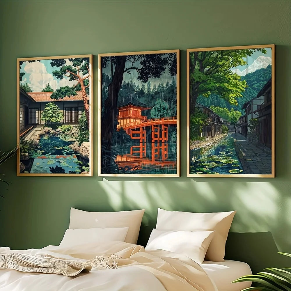 tableaux japonais traditionnels paysage urbain arbres bâtiments pont eau ciel décoration intérieure sans cadre