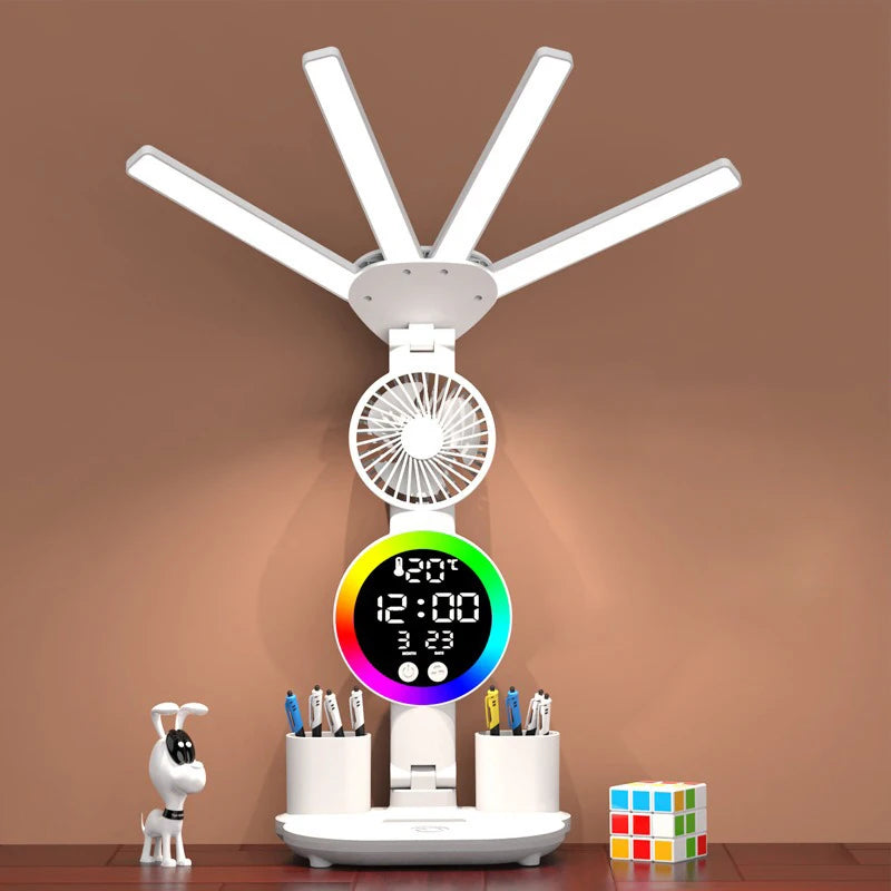 lampe rechargeable led moderne horloge ventilateur blanc multifonctionnelle tasses stylos rubik cube figurine chien