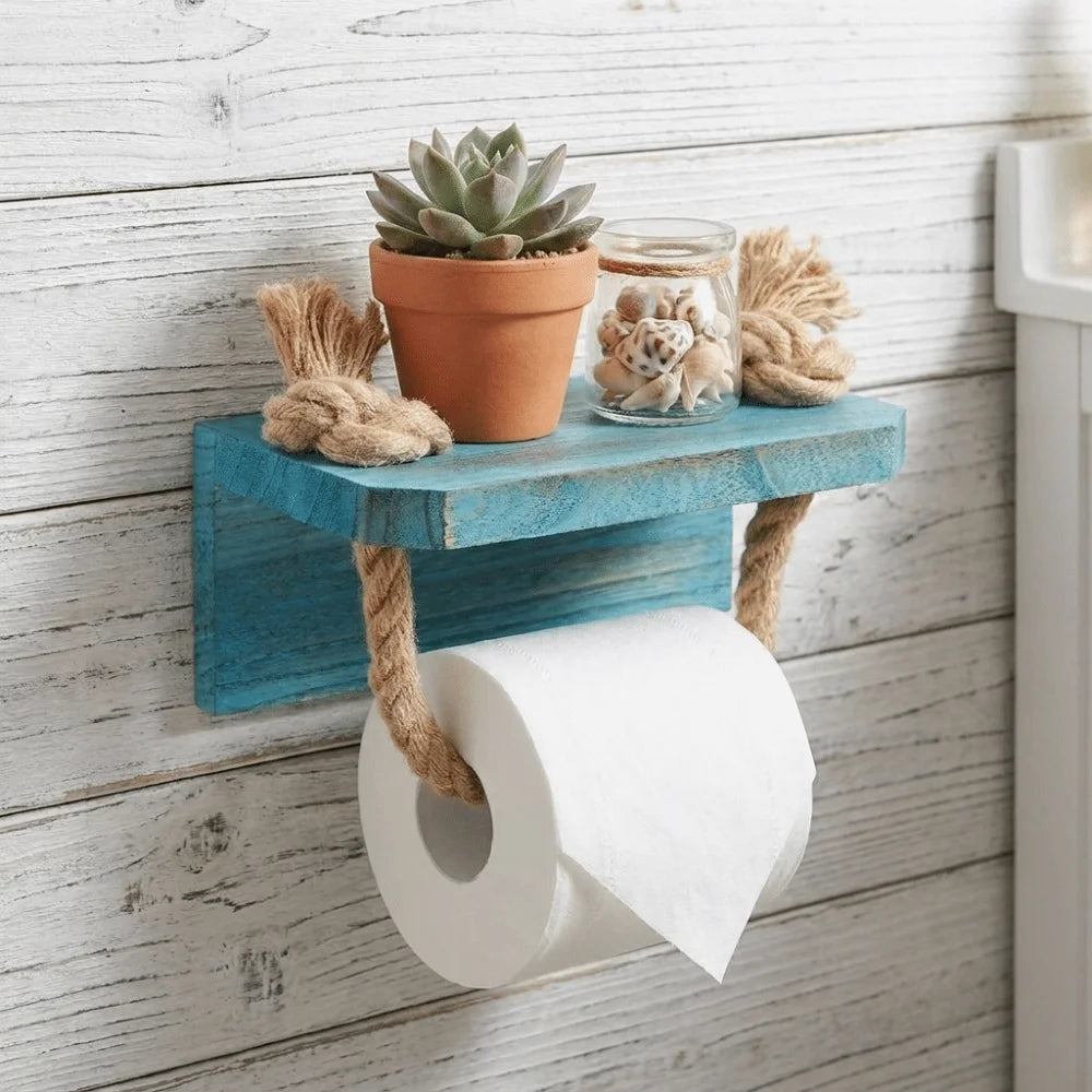 porte papier toilette bois vieilli rustique marins bohème etagere murale turquoise marron fonce