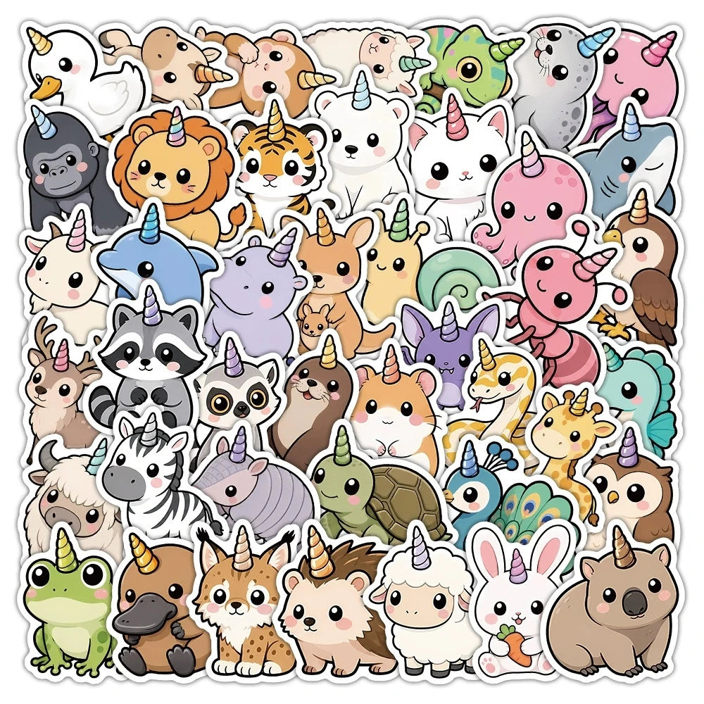 stickers animaux dessin animé licorne adhésifs mignons imperméables bagages portable téléphone bouteille d'eau 50pcs