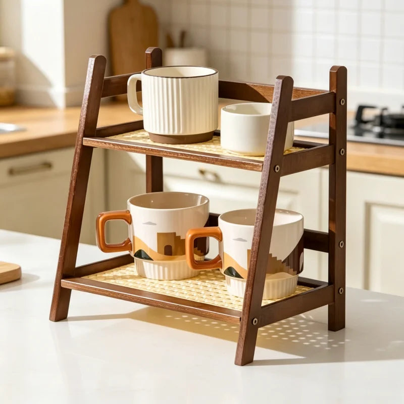 étagère deux niveaux bois naturel tasses vase pot confiture verres bougie minimaliste moderne stockage