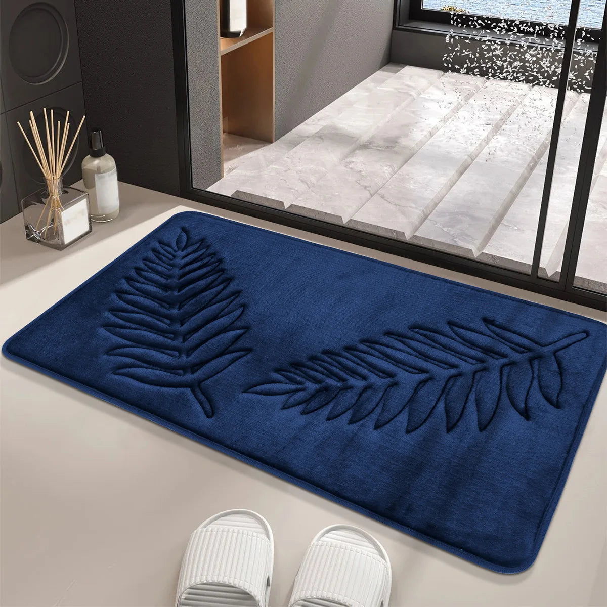 tapis bain doux feuilles fougère relief moderne vert gris polyester