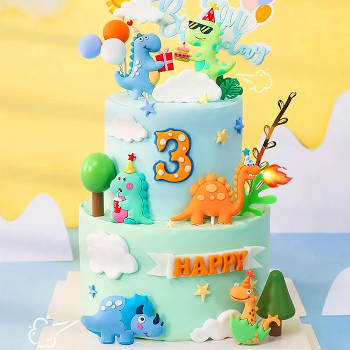 décoration anniversaire figurines dinosaures chapeaux ballons accessoires cartoon piques orange bleu vert