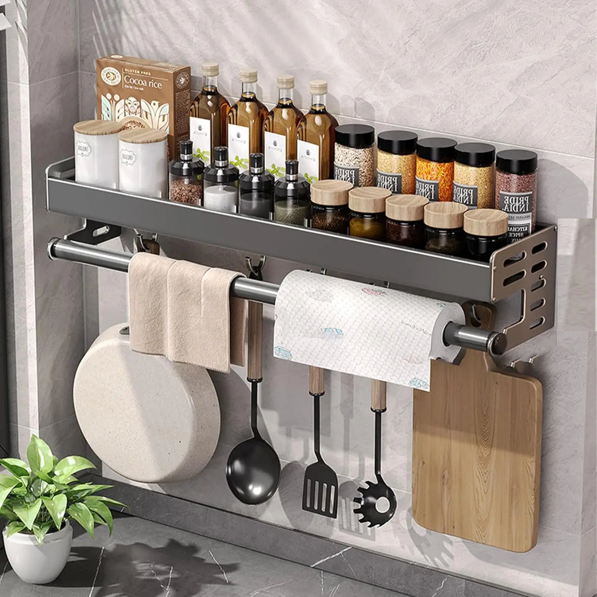 étagère murale cuisine acier inoxydable gris multifonctionnelle moderne rangement ustensiles bouteilles condiments papier essuyer
