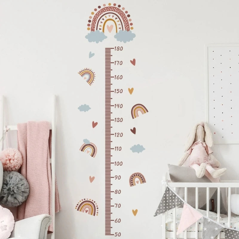 sticker mural mesure hauteur arc ciel nuages coeurs boho chambre enfant multicolore adhésif