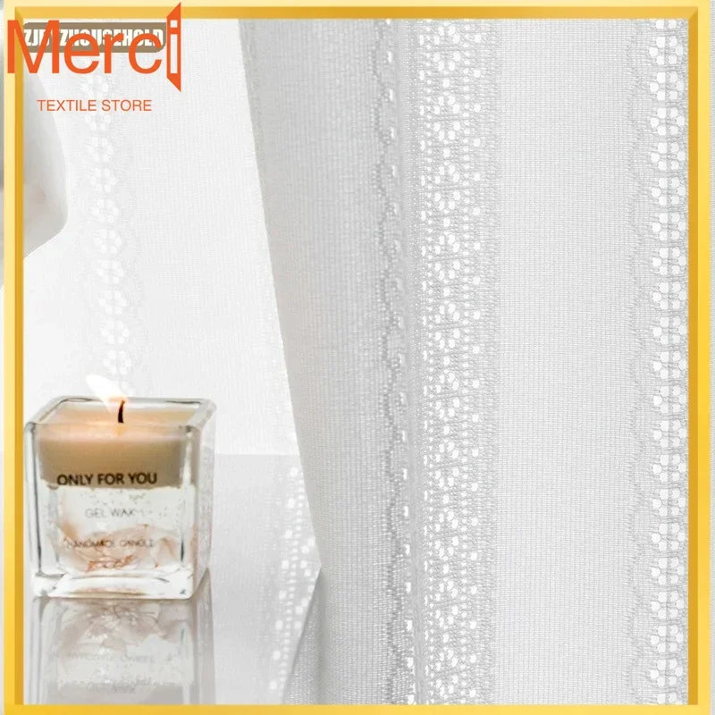 rideau blanc brodé motifs géométriques semi transparent moderne élégant fenêtre française blackout polyester