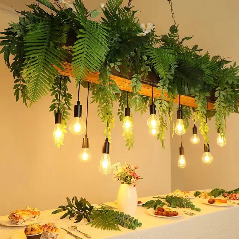 Suspension lumineuse rustique feuilles fleurs vert blanc led pendentif naturel chambre salon