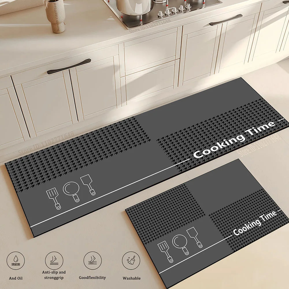 tapis cuisine gris foncé illustrations ustensiles géométrique moderne antidérapant PVC 40x60cm 50x80cm