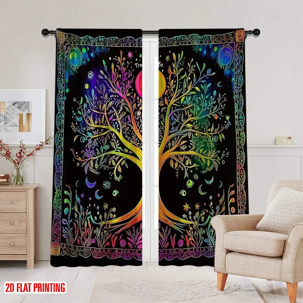 rideau boho arbre vie noir rouge orange jaune vert bleu violet floral opacité classique
