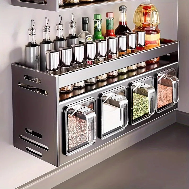 organisateur mural étagères transparentes épices condiments cuisine moderne minimaliste fixations adhésives pots bouteilles rangement