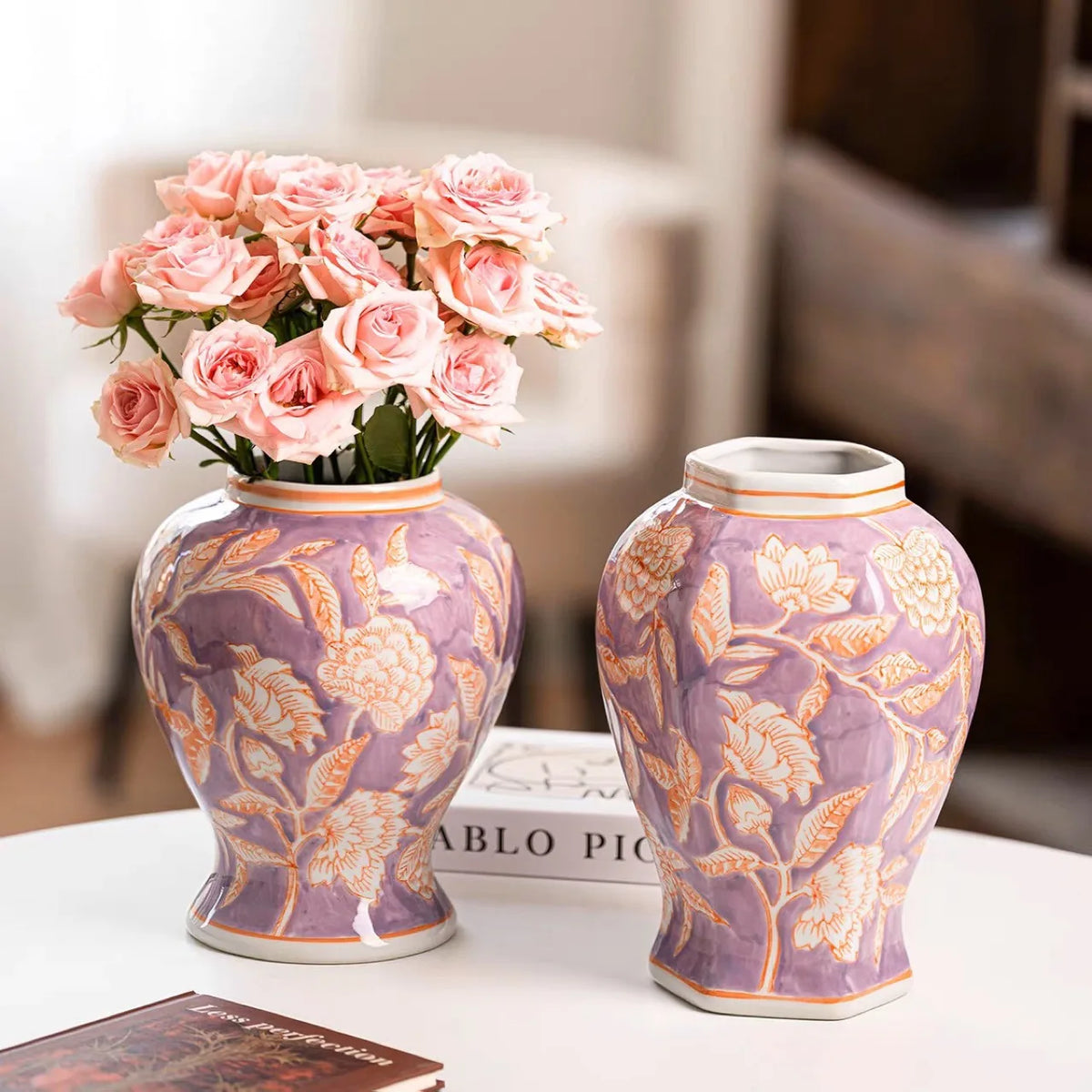 vase table violet beige fleurs dorées classique décoration maison transparent moderne