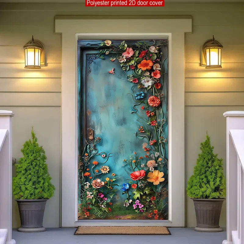 porte décorative artisanale fleurs colorées feuilles papillons bleu vert rouge orange jaune adhésifextérieurintérieur