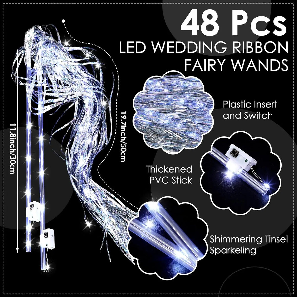 rubans led mariage argenté blanc tissé brillant moderne festif clips interrupteur 50cm