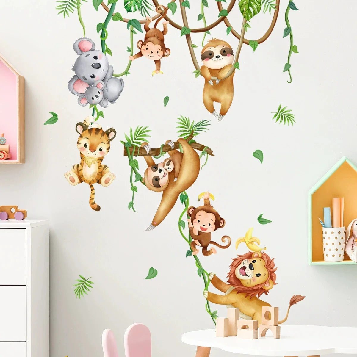 stickers muraux animaux jungle souris singe léopard lion cartoongráficos PVC resistentes água chambre enfants