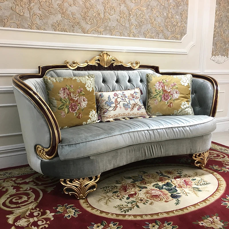 canapé d'angle gris clair velours ornements classique coussins deco moderne salon famille