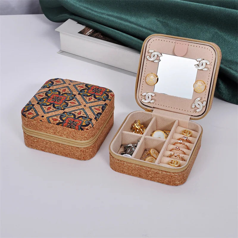 boîtes bijoux vintage zippées boho chic velours imprimé floral beige multifonctionnel porte bijoux travel