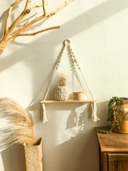 étagère suspendue bois macramé bohème rustique naturelle deux plateaux corde tressée plante deco