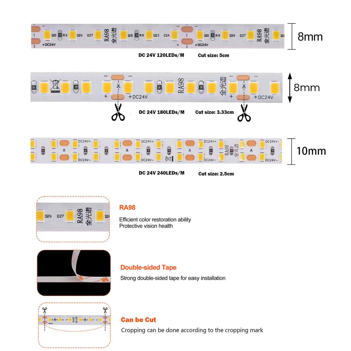 ruban led adhésif 24v 3000k 4000k 6000k 120led 180led 240led moderne chambre