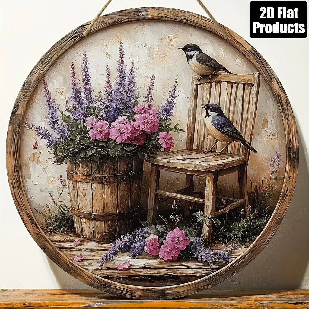 tableau circulaire bois oiseaux fleurs paysage naturel beige marron violet rose noir blanc réaliste