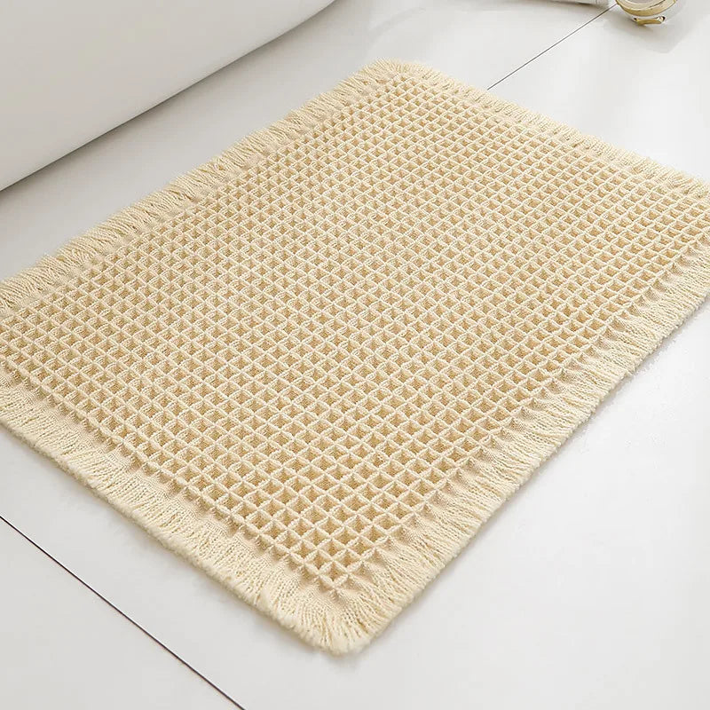 tapis moderne rustique texture carreaux beige clair antidérapant polyester tressé salon bain extérieur