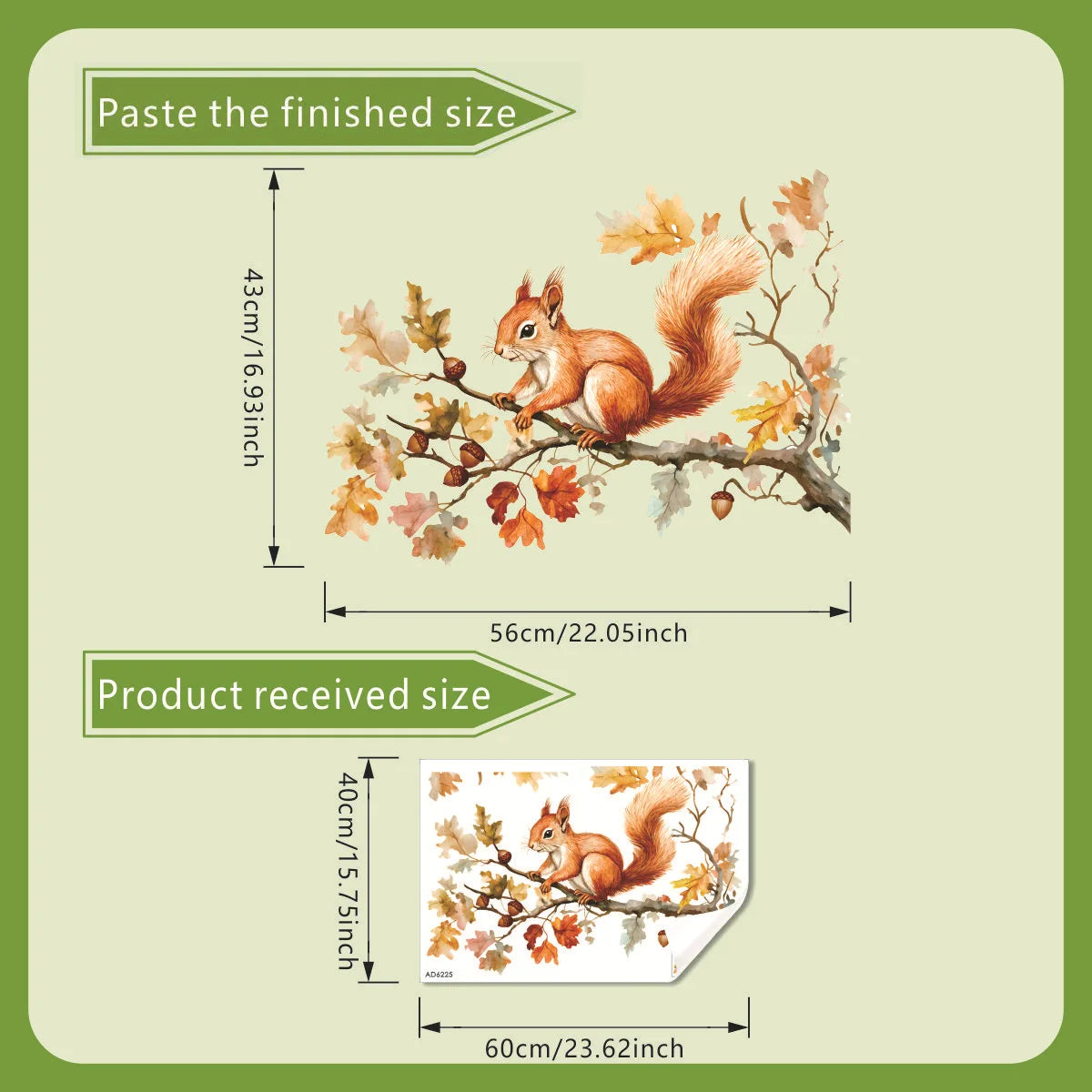 sticker mural illustration écureuil branche feuilles glands orange blanc vert marron réaliste autoadhésif chambre