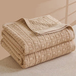 couverture coton bleu gris rose moderne plaid motifs carrés bordure texturée été hiver portable