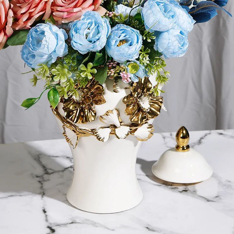 vase decoratif fleurs relief hermetique couvercle blanc or table maison