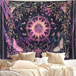 tapisserie boho floral papillons pentagramme galaxie violet noir rose blanc salon chambre