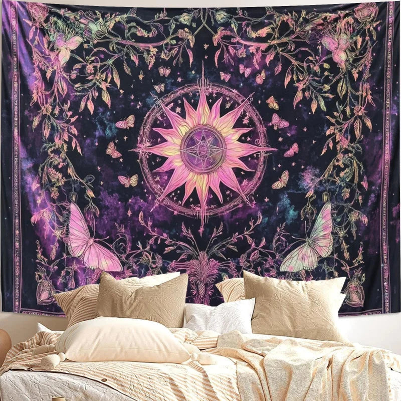 tapisserie boho floral papillons pentagramme galaxie violet noir rose blanc salon chambre