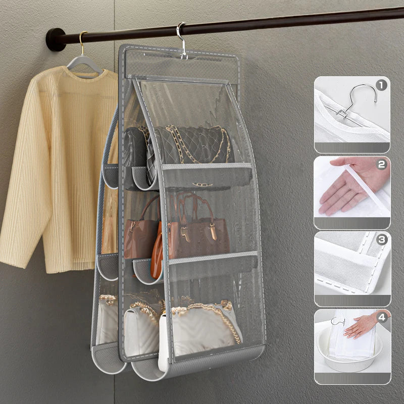 sac main blanc gris maille transparente moderne crochets métalliques réutilisable pvc utilisation multiple organisateur