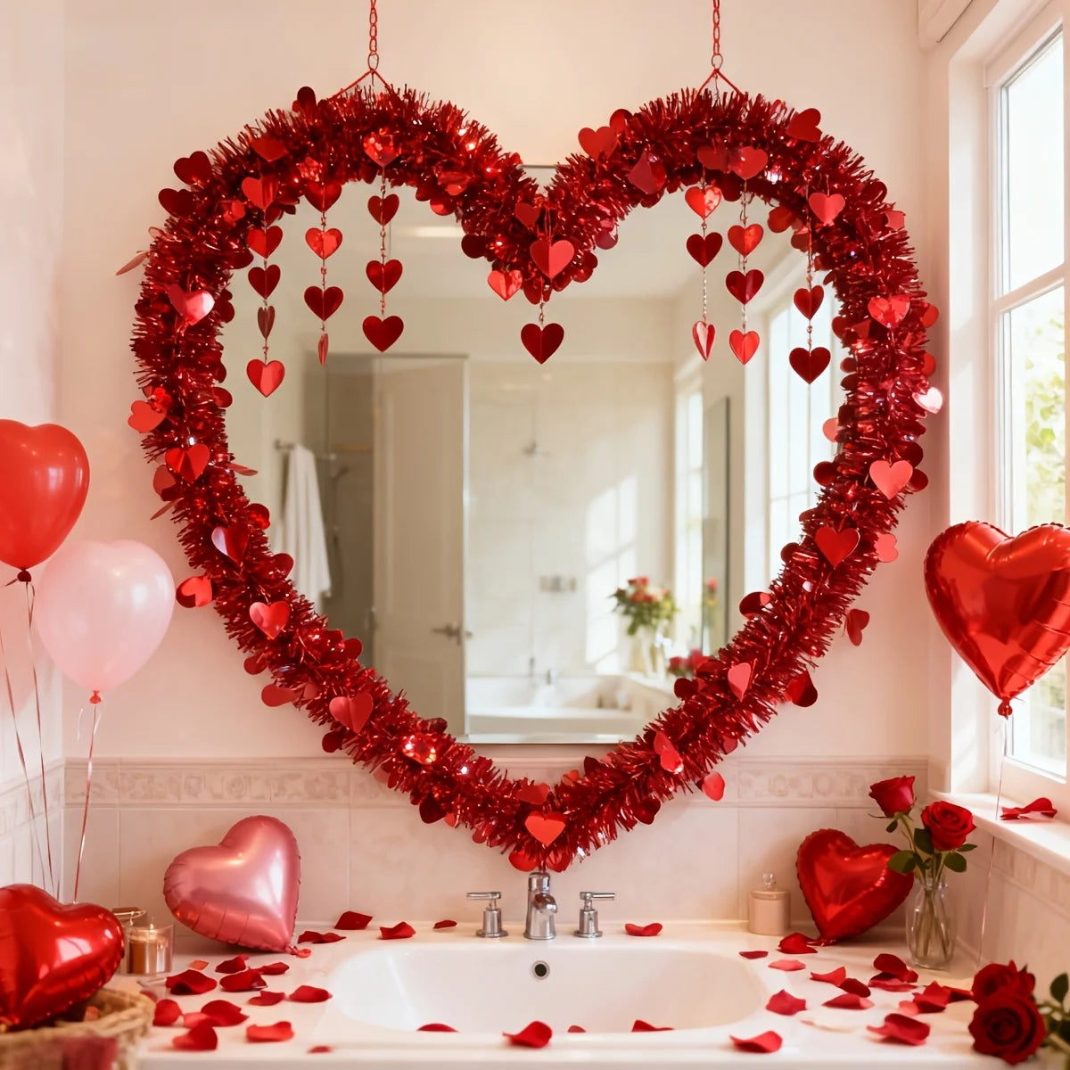 décoration festive tinsel brillant coeurs roses rouge anniversaire mariage saint valentin confettis ballons miroir