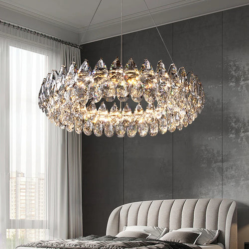 lustre suspension moderne cristal transparent rond lumière chaude salon salle manger