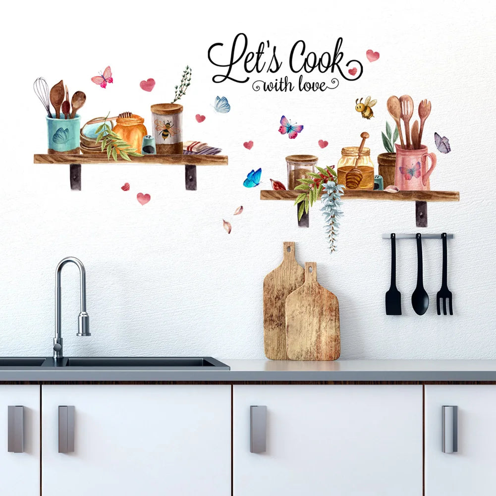 stickers muraux cuisine ustensiles papillons coeurs let's cook illustration adhésif multicolore rustique decoration