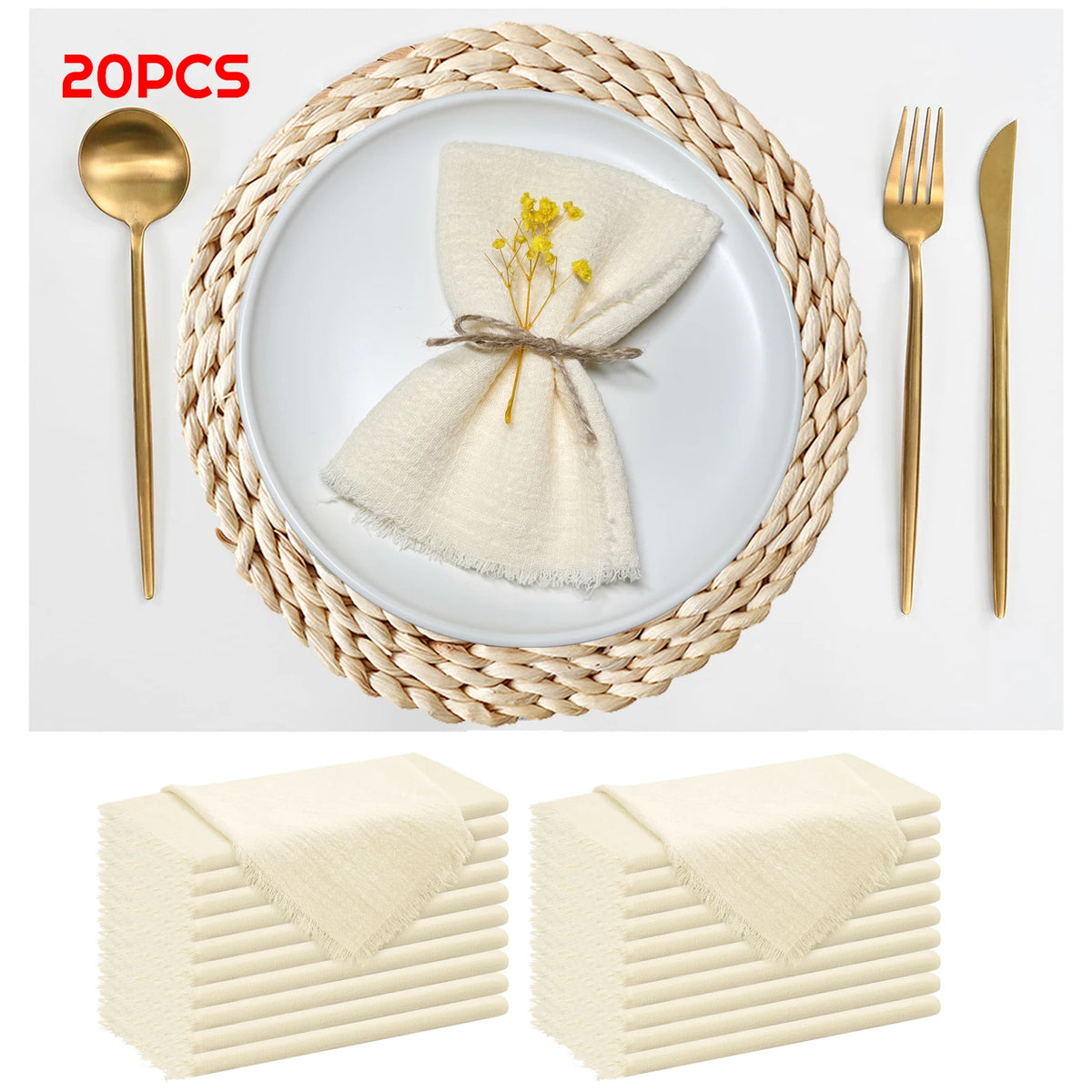 serviettes réutilisables coton jaune bleu clair classiques effilochées clips décoratifs table restaurant maison