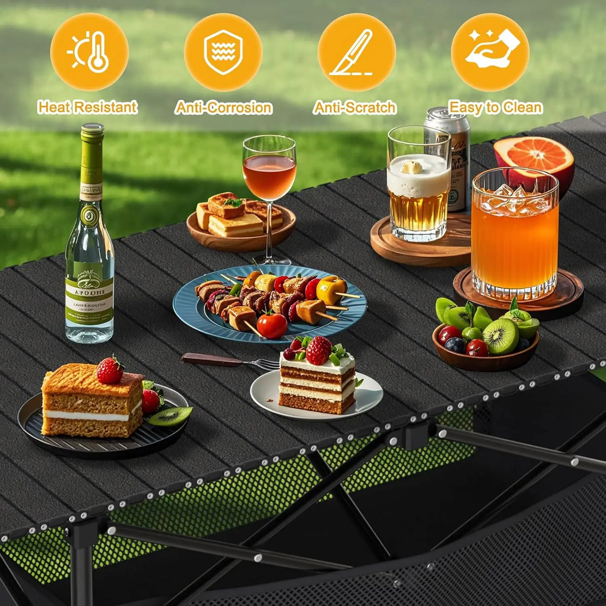 table pliante camping extérieure réglable hauteur gris noir panier mesh sac rangement durable fonctionnelle