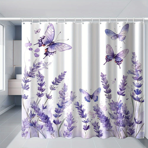 rideau douche moderne floral papillons lavande ourlet standard polyester blanc violet gris