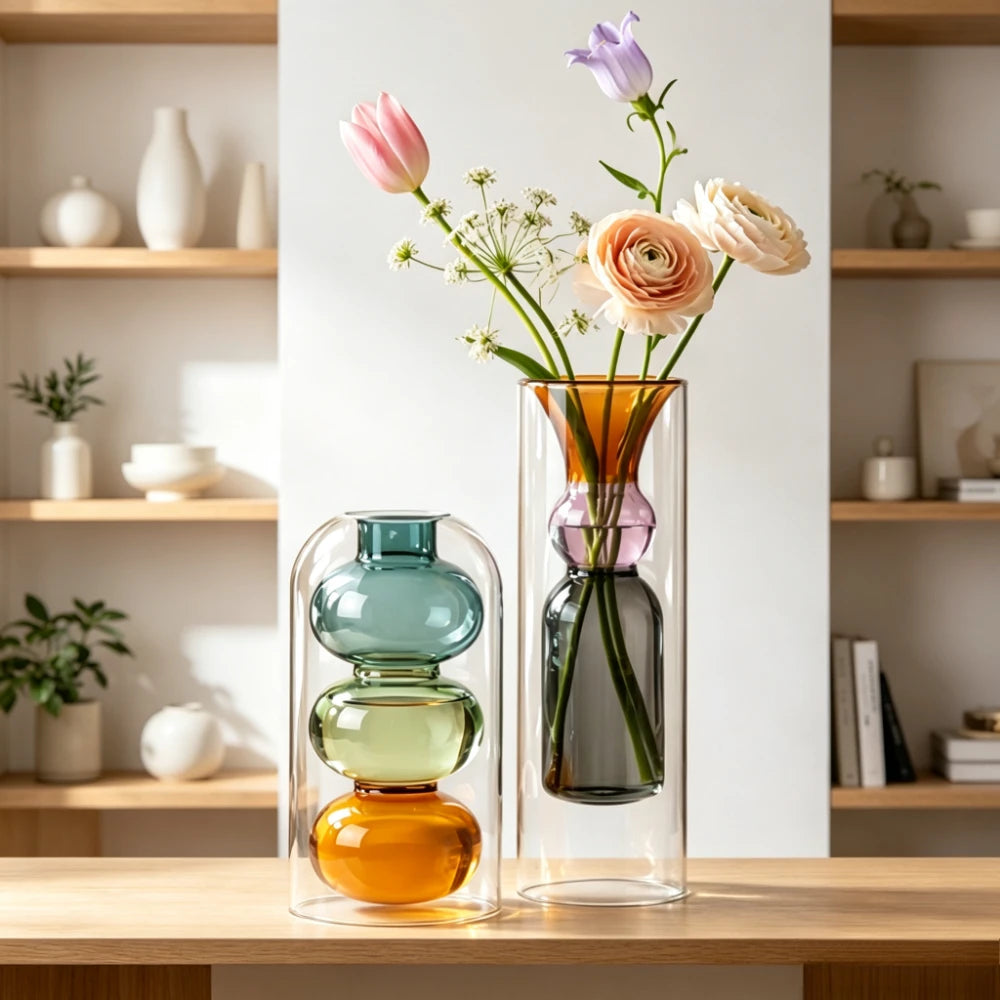 vase verre moderne transparent empilé sphères colorées décoration intérieure maison salon